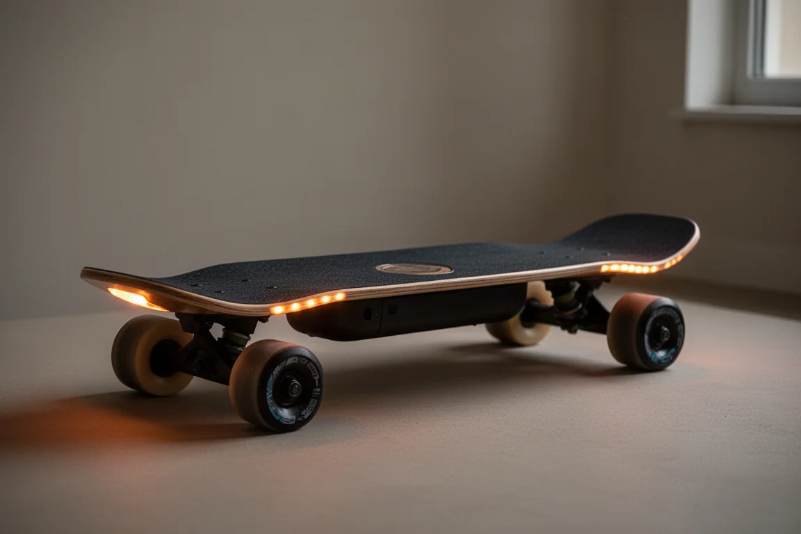 Electric skateboard with visible turn signals glowing on the deck in a dim setting