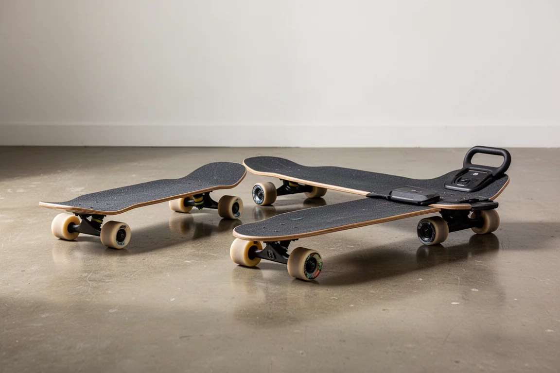 Side-by-side comparison of a compact shortboard and a longer drop-down electric skateboard