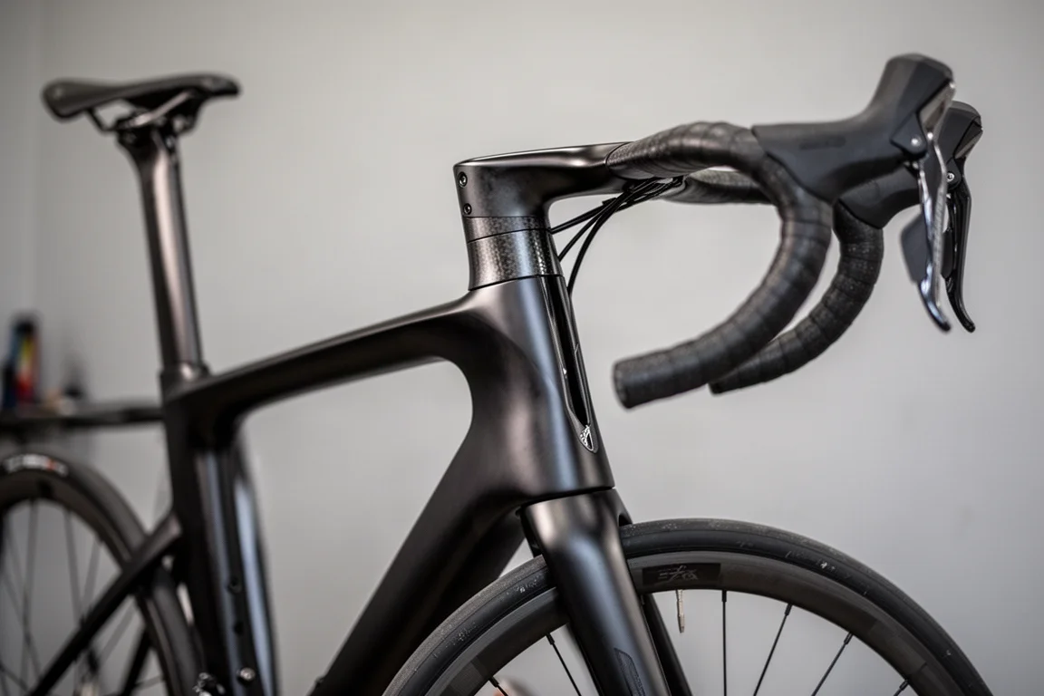 Nahaufnahme eines tiefprofilierten Aero-Carbon-Rennradrahmens und des Unterrohrs