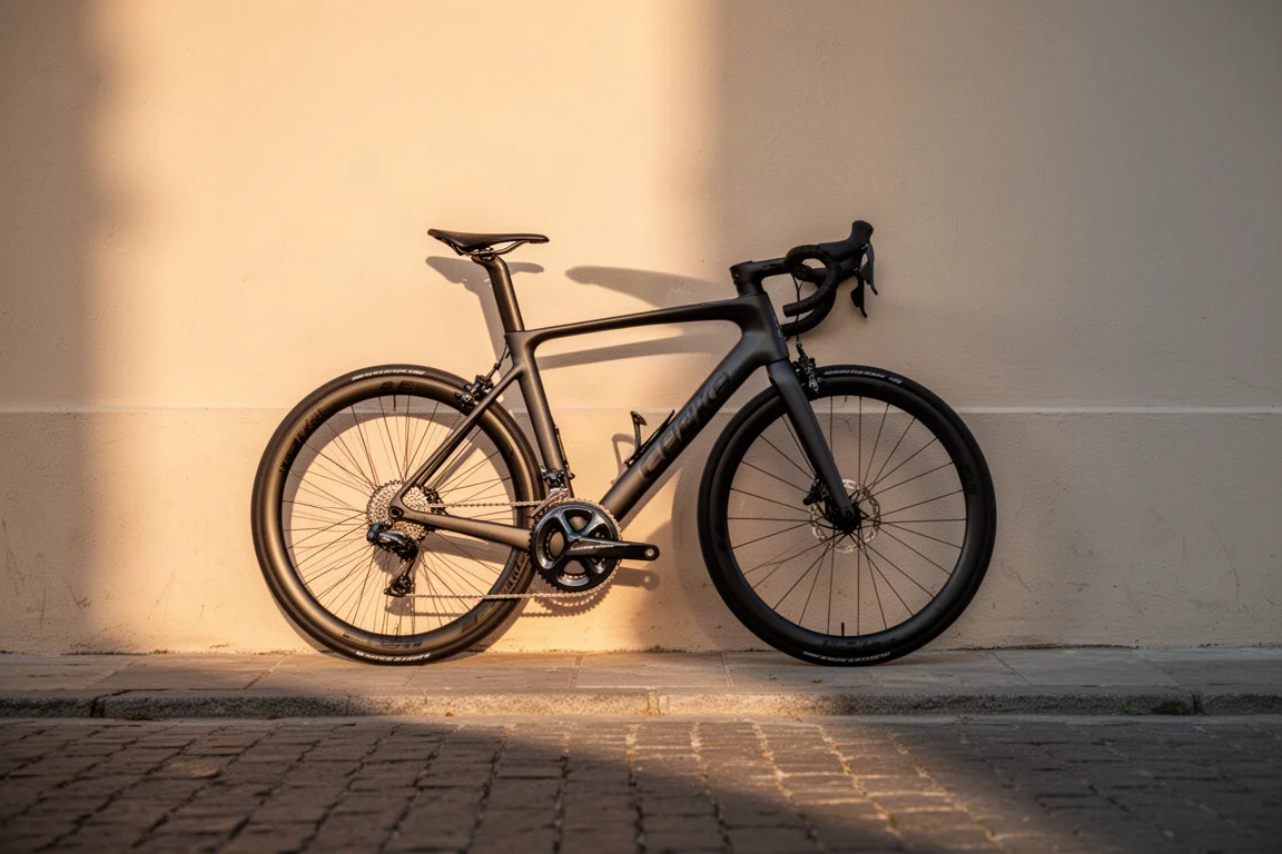 Rennrad in einer Heimwerkstatt mit auf einer Werkbank ausgelegten Werkzeugen