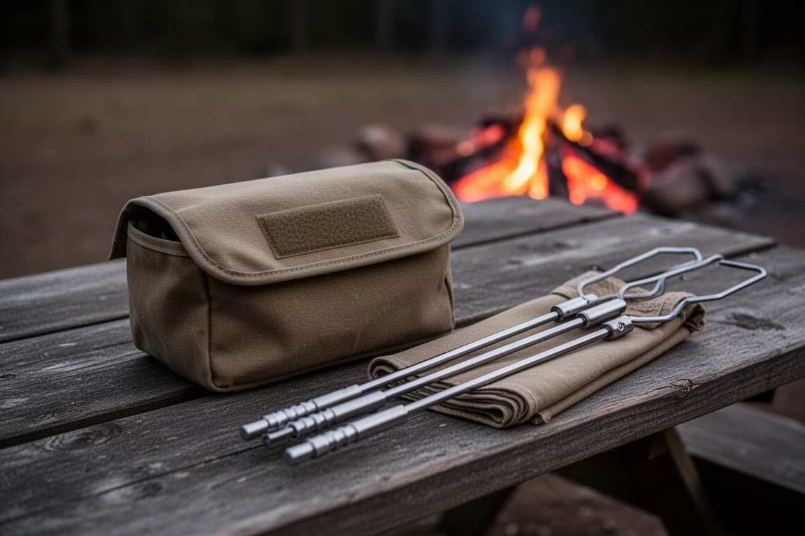 Telescoping roasting sticks packed into a canvas pouch beside a campfire