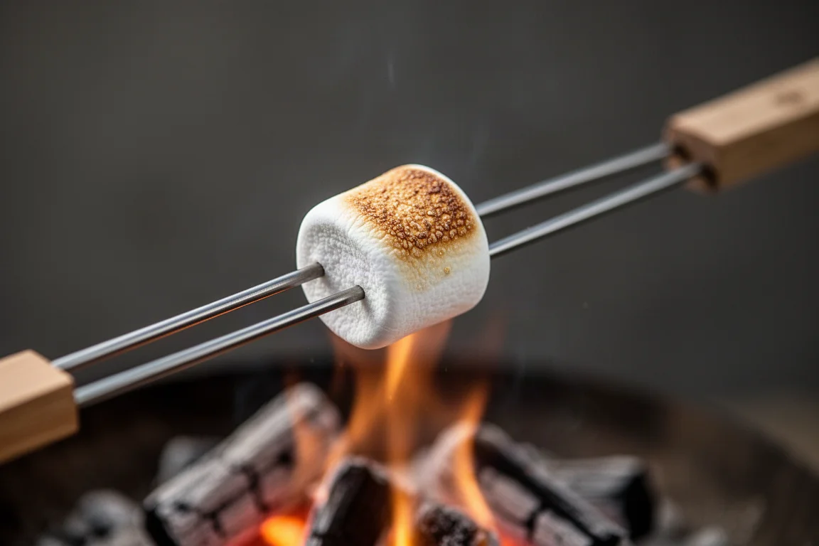 Close view of non-sharp roasting stick tines holding a toasted marshmallow