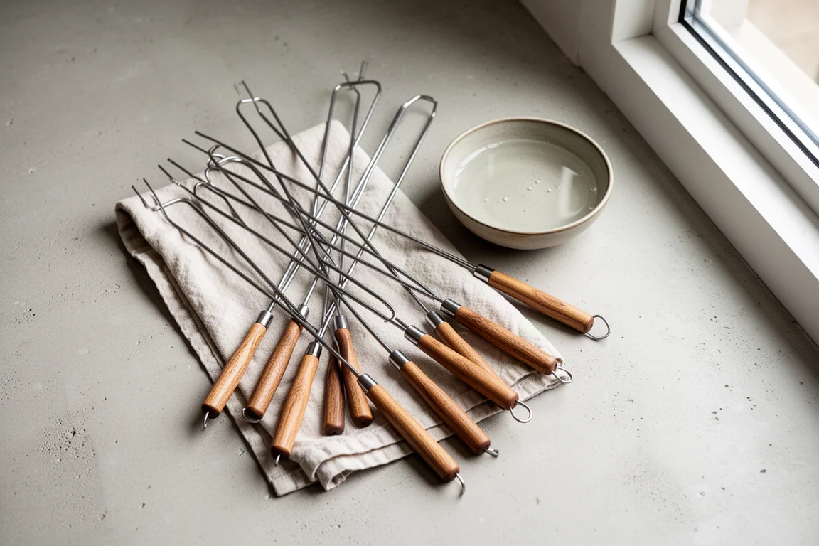 Roasting stick parts drying on a cloth after being washed