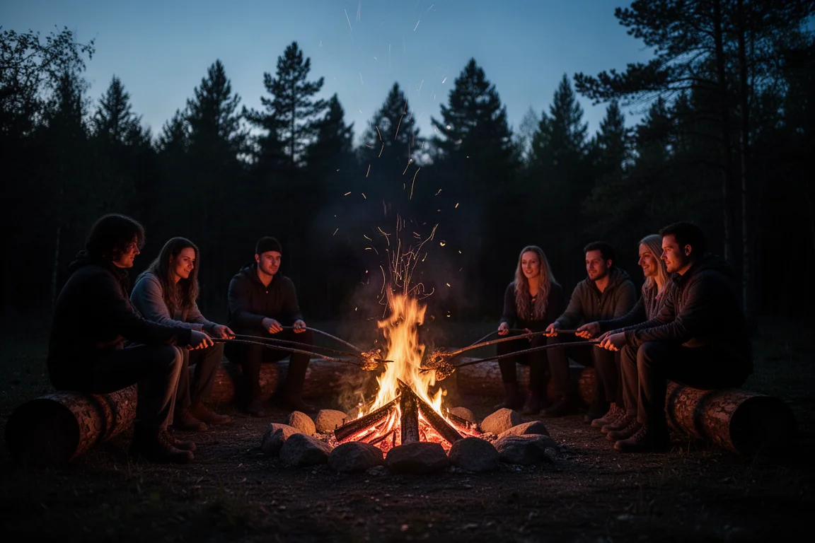 Family silhouettes roasting marshmallows around a campfire at night