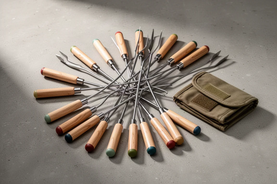 Eight telescoping roasting sticks with colored wooden handle tips beside a canvas pouch on concrete