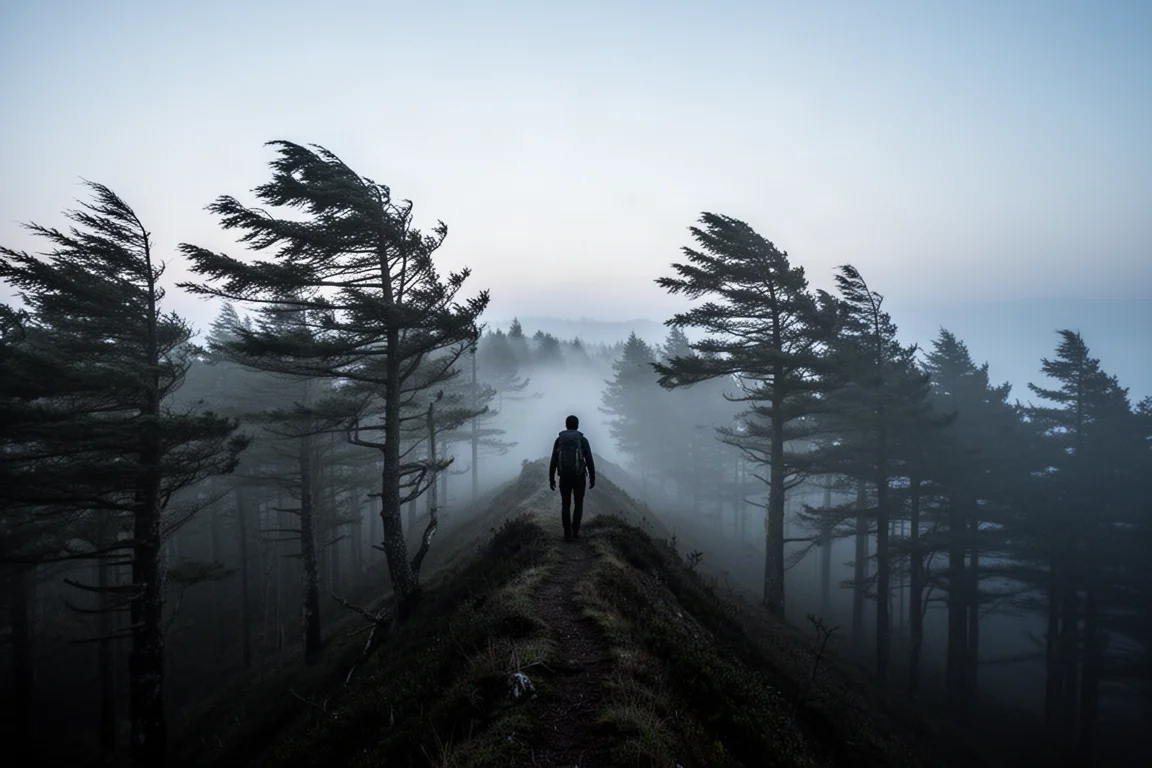Randonneur en silhouette sur une crête forestière venteuse au crépuscule, arbres courbés