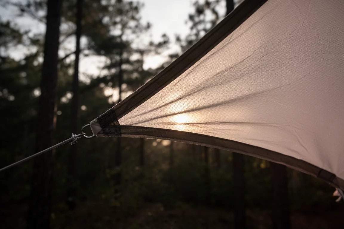 Tissu d'abri fin et enduit ondulant sous un vent fort, rétroéclairé par un soleil bas