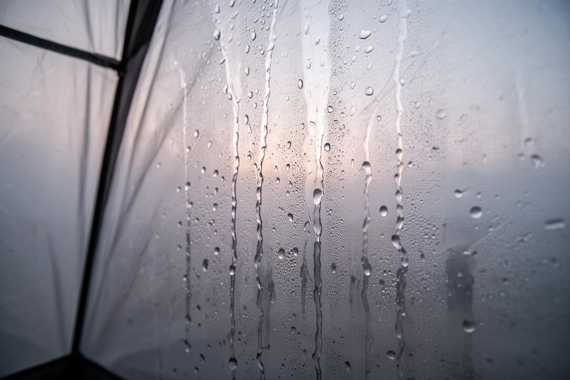 Gouttelettes de condensation ruisselant sur la paroi intérieure d'un abri à l'aube