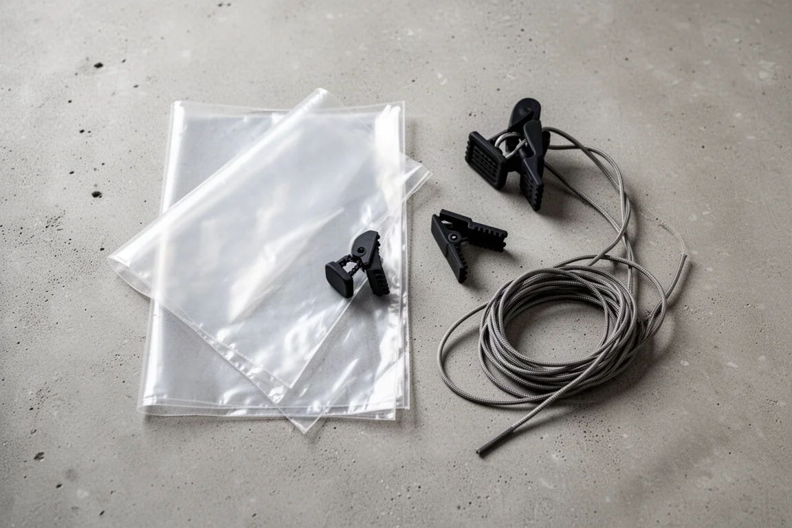 Vue de dessus à plat d'une feuille de plastique pliée, de pinces de bâche et de cordage enroulé