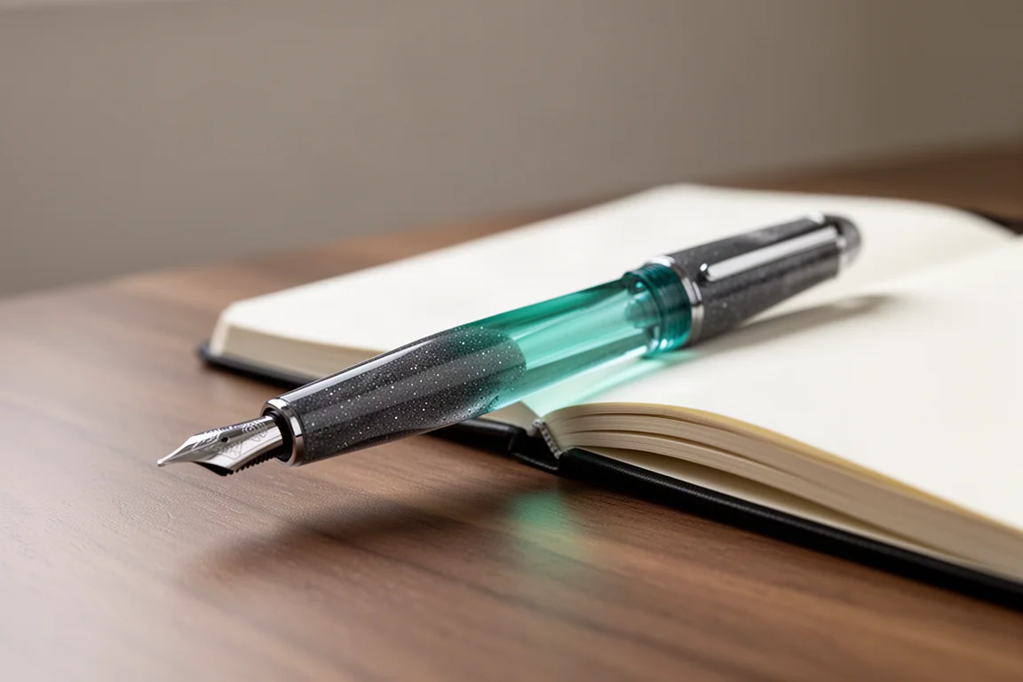 Penna stilografica personalizzata con corpo in acrilico scuro brillantinato e acrilico verde appoggiata su una scrivania