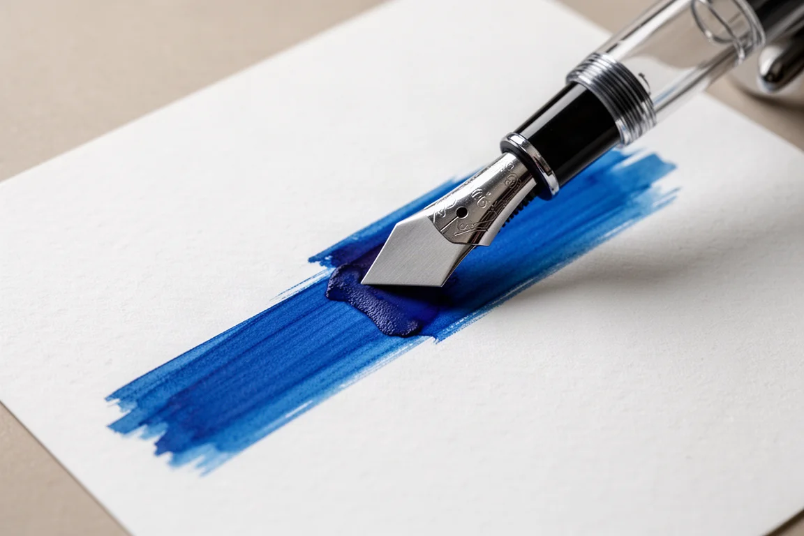 Coda a forma di spatola di una penna stilografica che spalma un campioncino di inchiostro blu acceso su carta