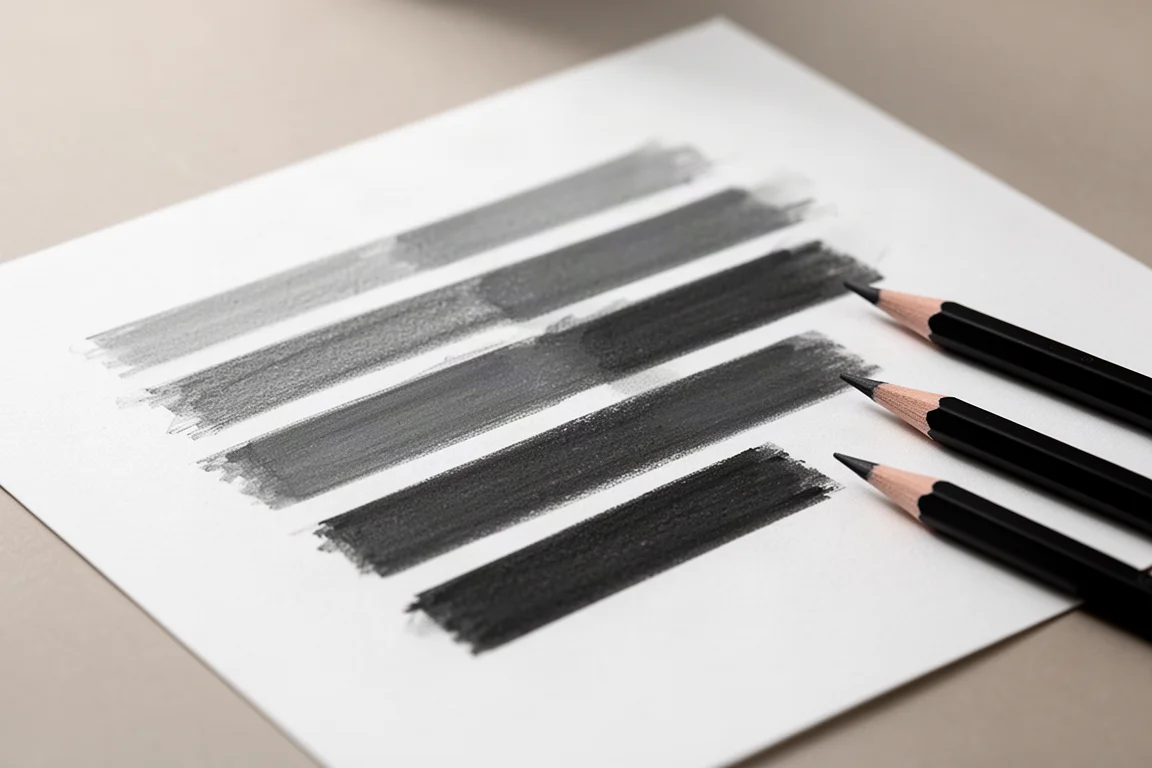 Faixas de amostras de grafite mostrando um gradiente de valores tonais em papel liso