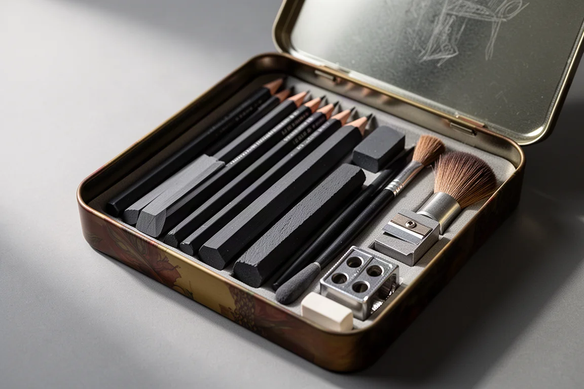 Open metal art tin filled with graphite pencils, sticks and erasers