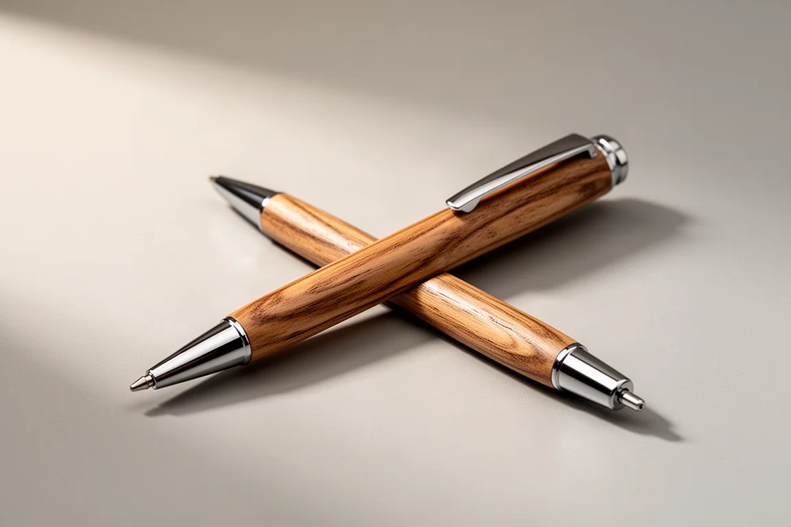 Slim wood-barrel ballpoint pen with chrome trim on a grey surface