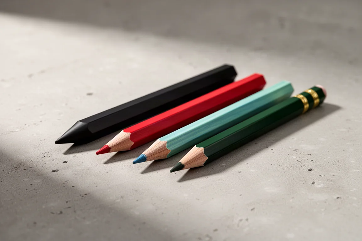 四支不同筆桿質感的 Faber-Castell 色鉛筆排列在水泥地上