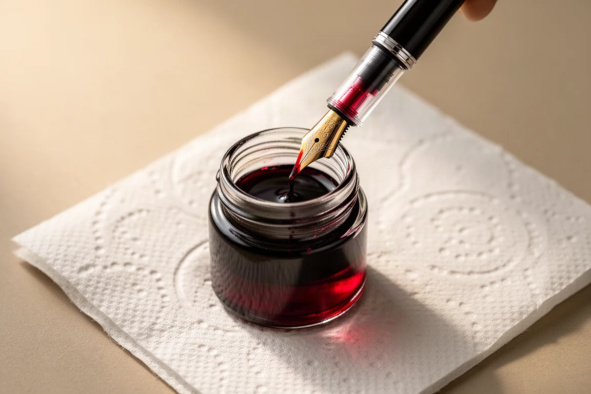 Ponta da caneta-tinteiro mergulhada em um pote de tinta escura ao encher o conversor