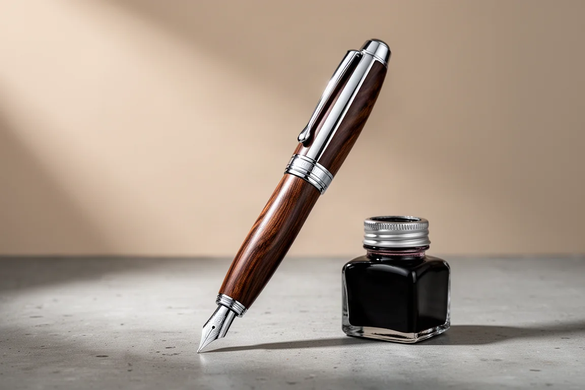 Faber-Castell E-Motion Füllfederhalter mit dunklem Holzschaft und Chromverzierungen neben einer Tintenflasche