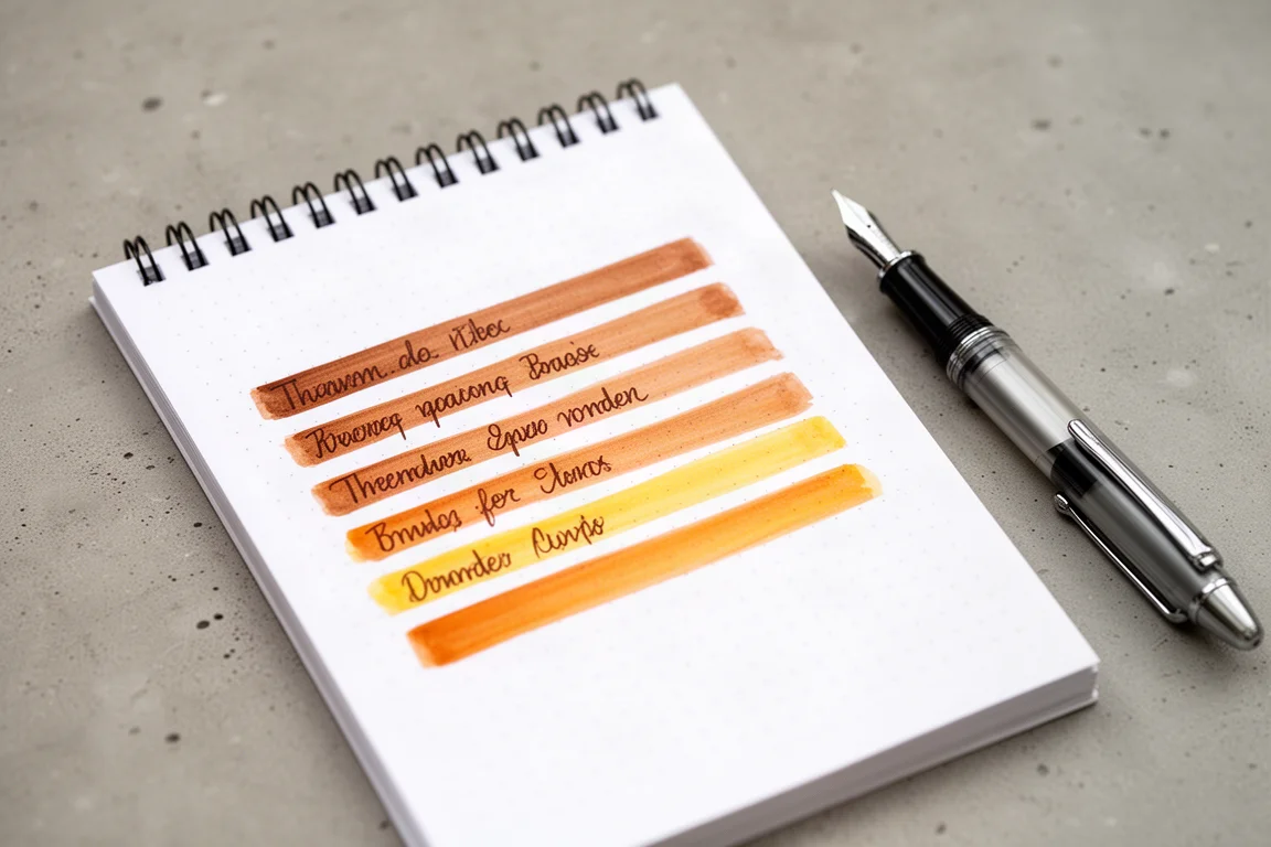 Rhodia 点阵本上用棕色墨水手写的评测字句