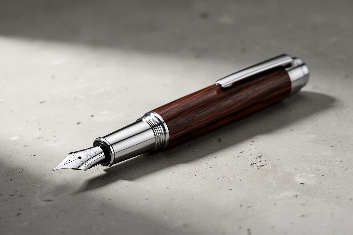 Pióro wieczne Faber-Castell e-Motion z ciemnym drewnianym korpusem i polerowanym, chromowanym wieczkiem na betonie