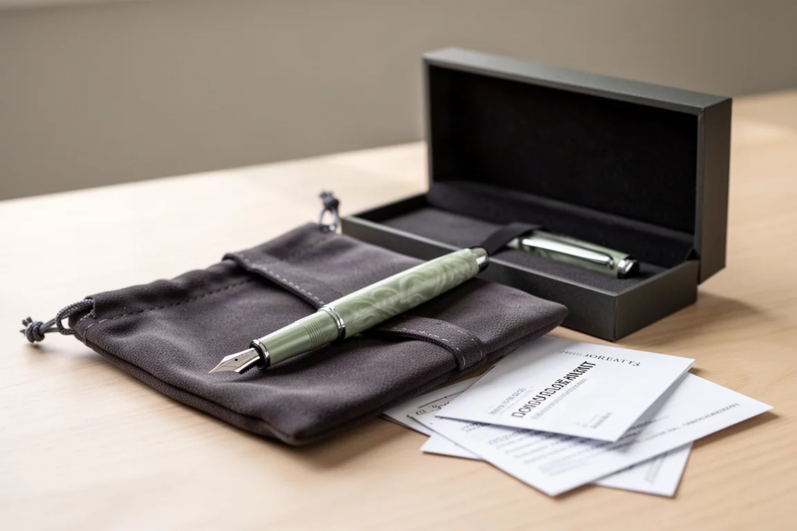 Füllfederhalter in einer offenen Stofftasche innerhalb seiner Geschenkbox