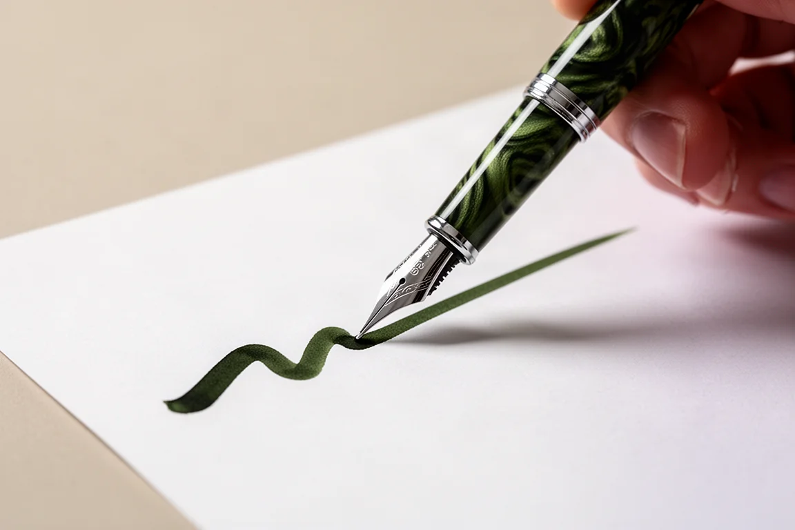 Füllfederhalter schreibt eine frische Tintenlinie auf ein weißes Blatt Papier