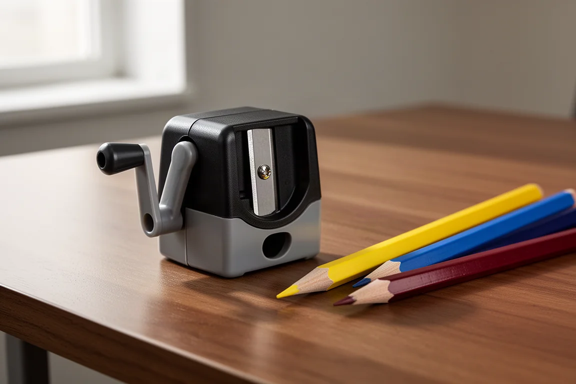 Kleine Handkurbel-Spitzmaschine neben angespitzten Buntstiften auf einem Schreibtisch