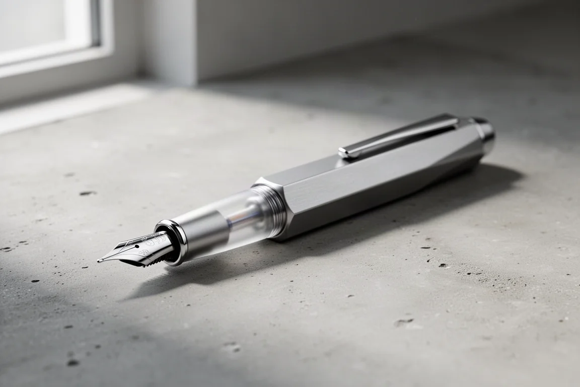 Hexagonal metallic fountain pen with stainless steel nib on a concrete surface