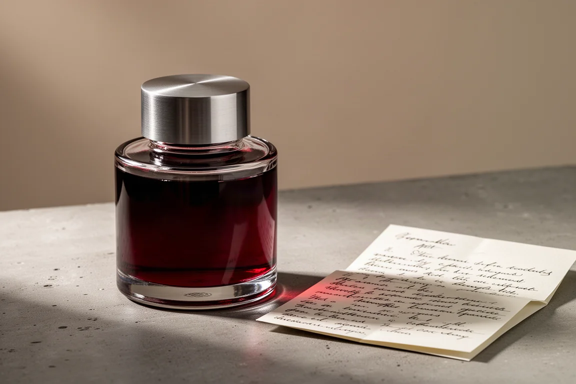 Glass bottle of red fountain pen ink beside a handwritten letter on concrete