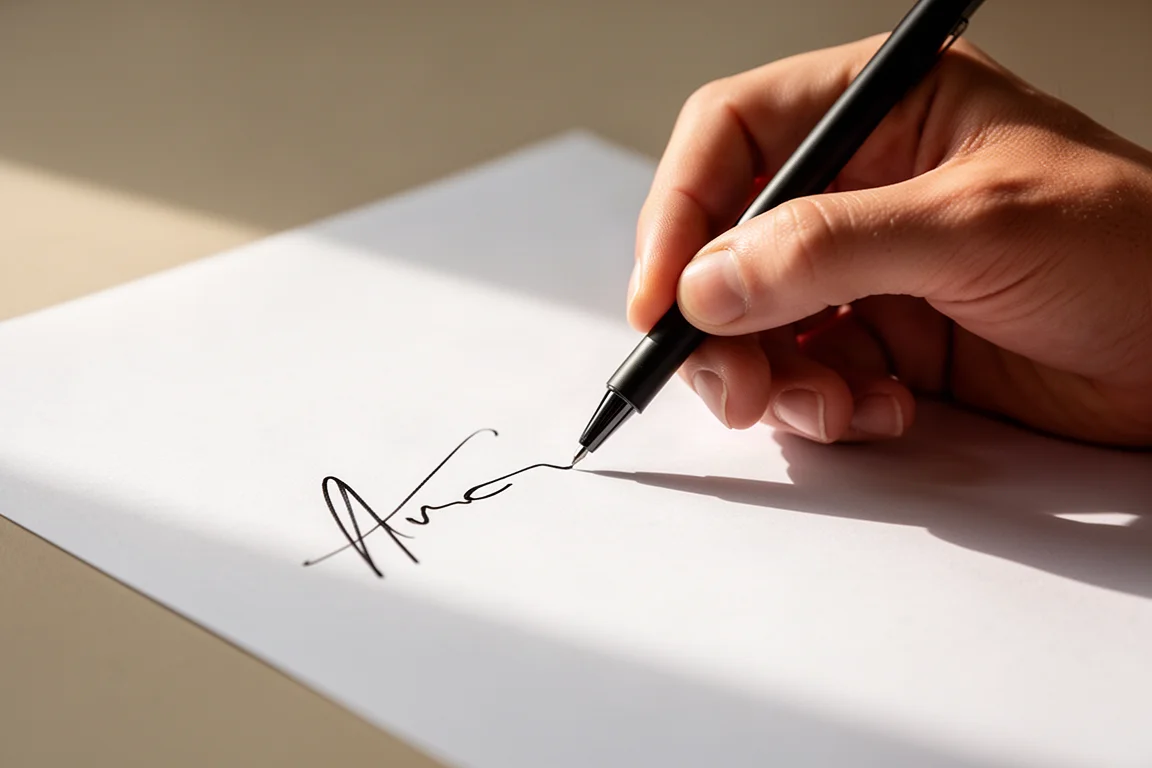 Hand schreibt mit einem schlanken Stifter glatte dunkle Linien auf weißes Papier