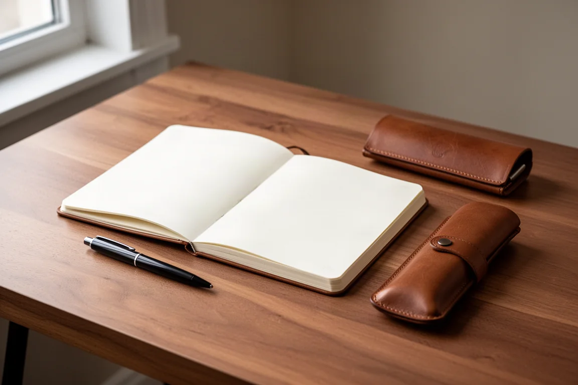 Eleganter Schreibtisch mit Notizbuch, Stifteetui und Schreibzubehör bei sanftem Licht
