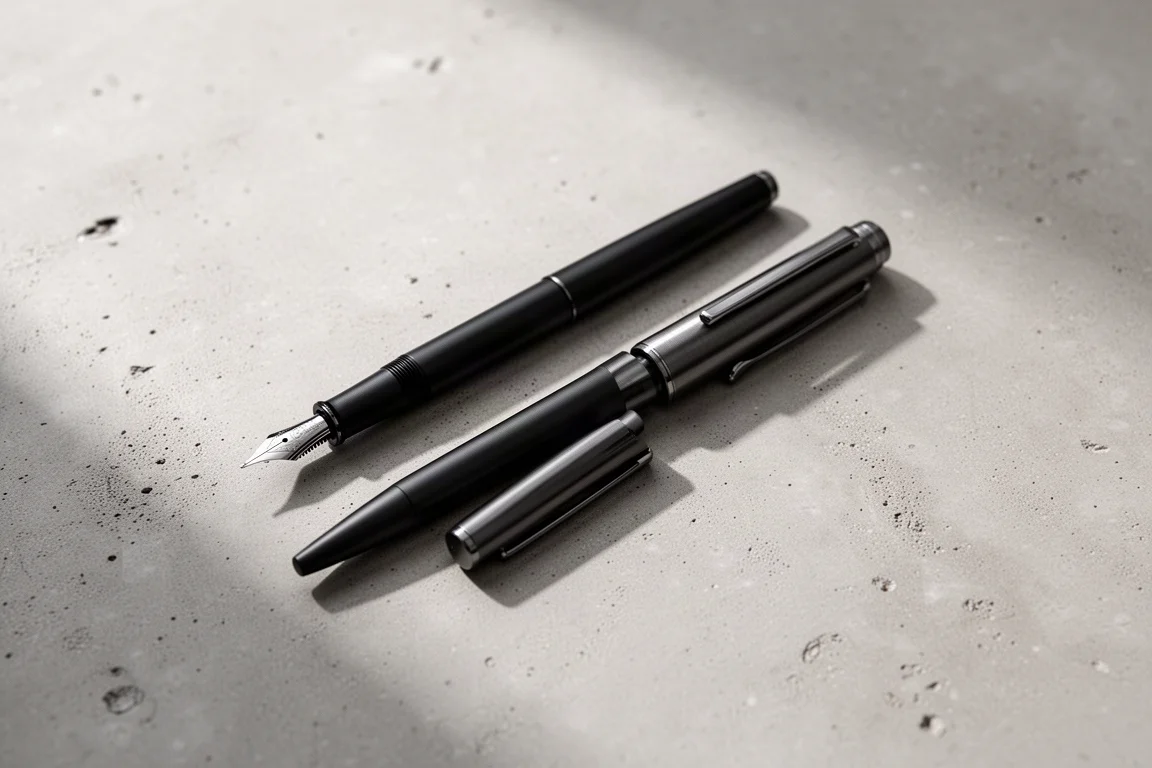 サイズ比較のためPilot Metropolitanと並べたスリムなマットブラック万年筆
