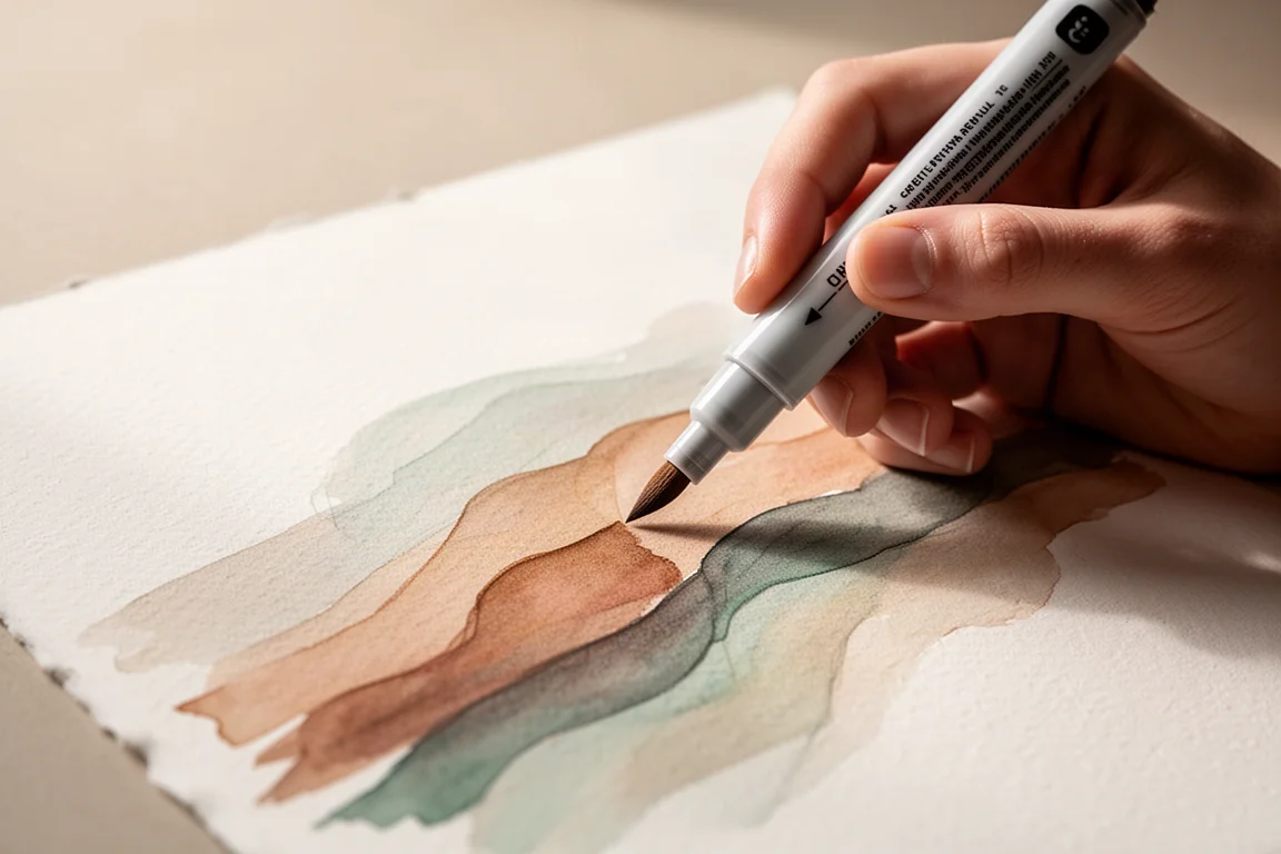 Künstlerhand zeichnet mit einem Brush-Marker auf strukturiertem Zeichenpapier