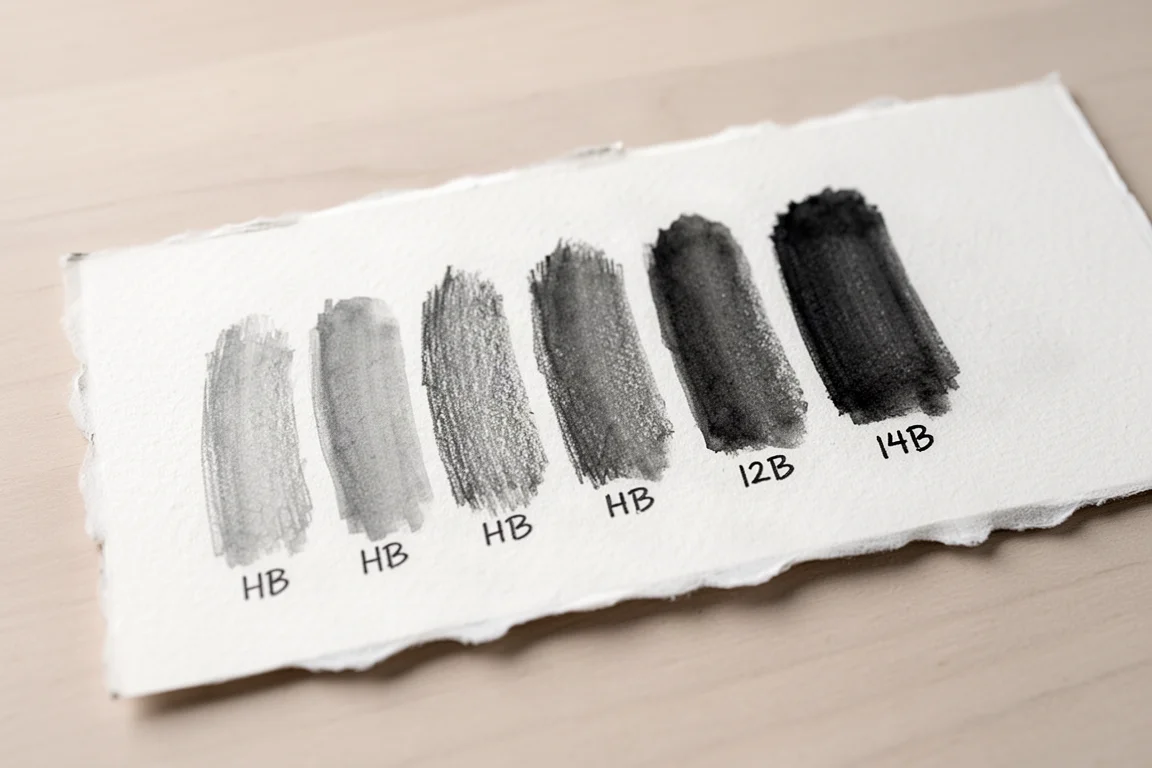 Graphite pencil swatches across grades from HB to 14B on textured drawing paper