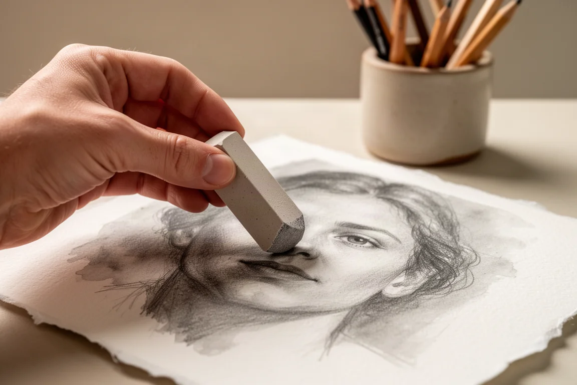 Artist blending a soft graphite shading layer with a paper stump on a portrait drawing