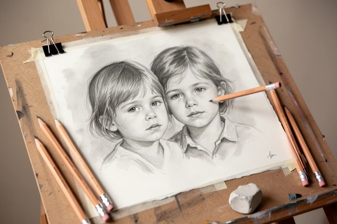 Detailed graphite portrait of two young children in progress on hot pressed paper