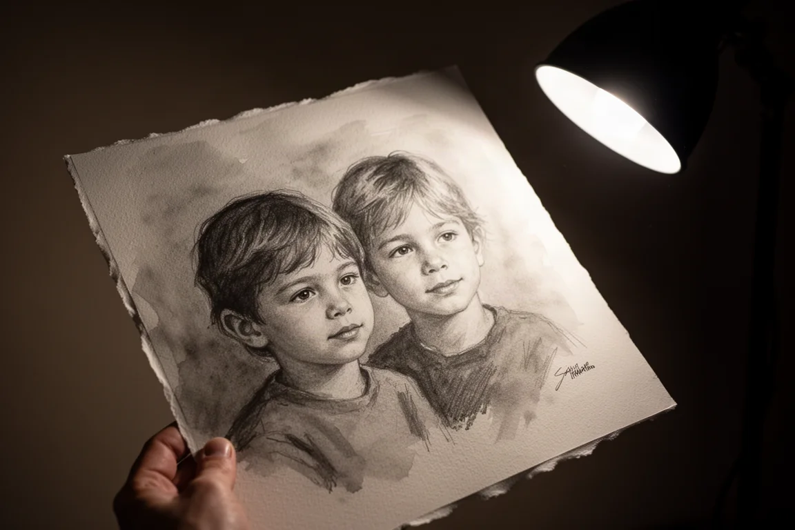 Finished graphite portrait tilted under bright light showing minimal shine