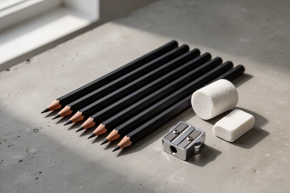 Set di matite Faber-Castell Pitt Graphite Matte con stump per sfumare, temperamatite e gomma su cemento