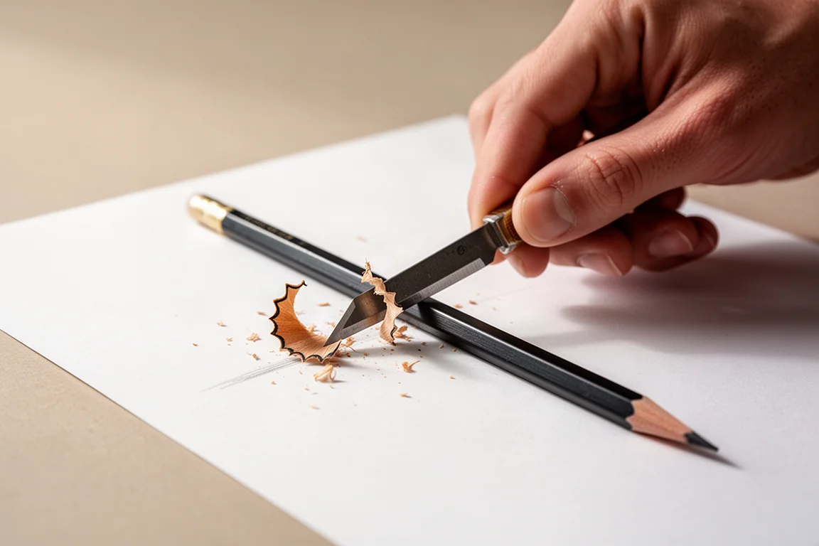 紙の上で鋭い刃物で鉛筆を手作業で削るアーティスト