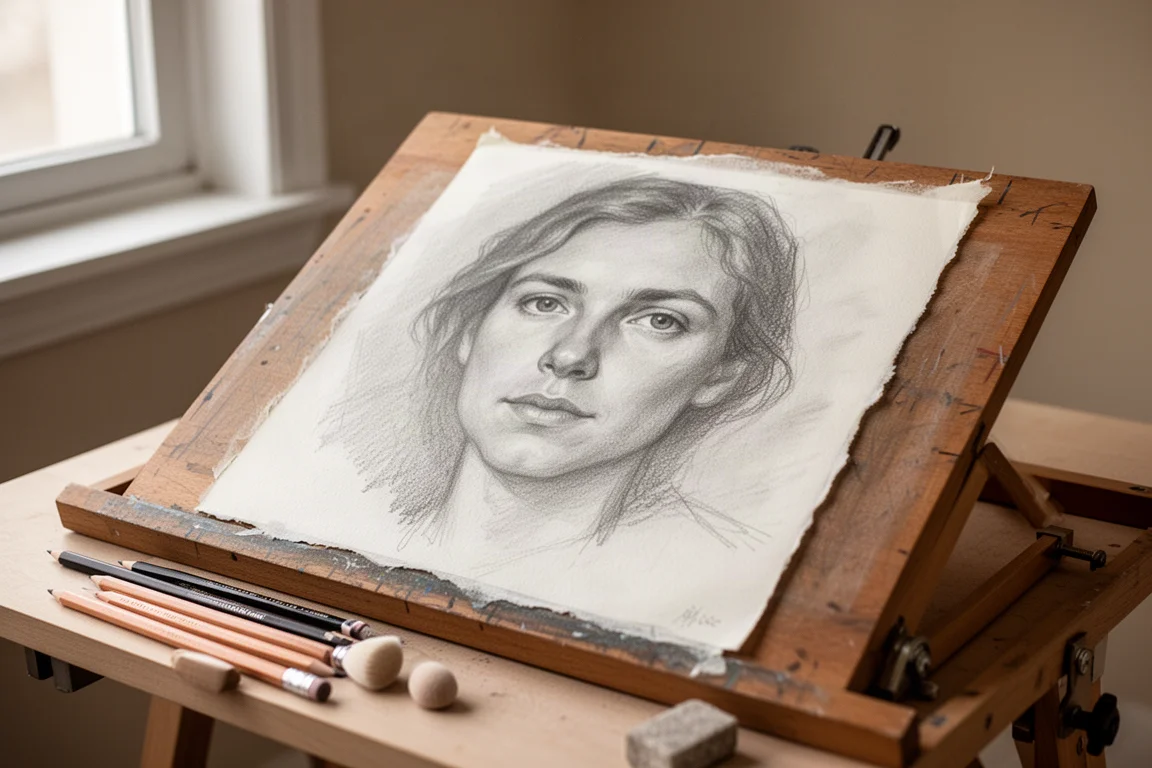 木製の描画ボードの上に置かれた、紙に描かれたグラファイトの肖像スケッチ