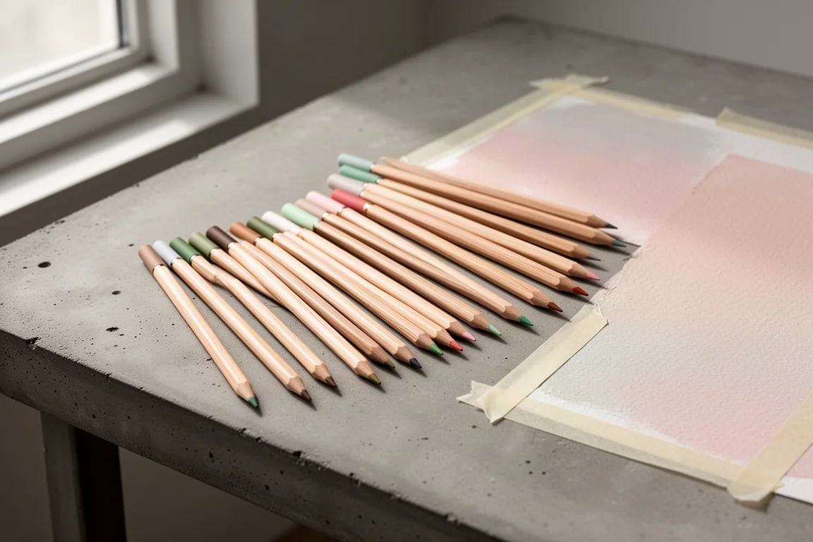 Faber-Castell pastel pencils fanned out on a desk beside textured pastel paper
