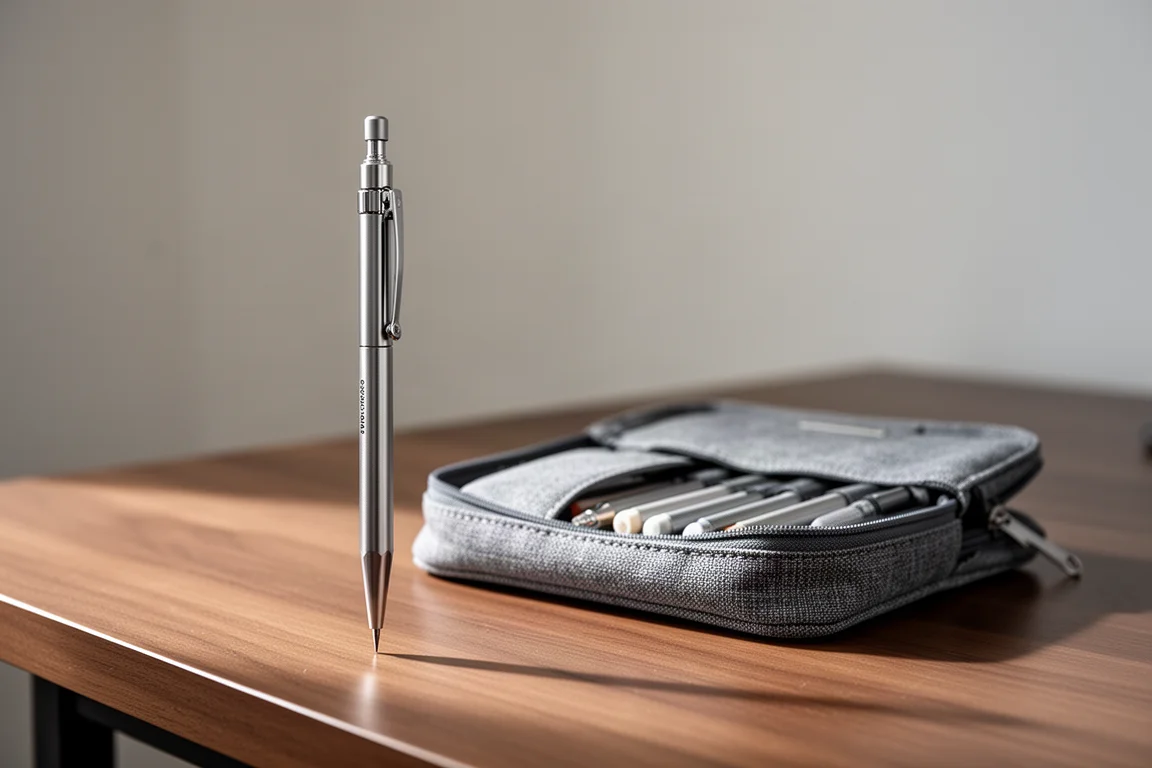 Porte-mine de dessin métallique debout sur un bureau à côté d'une trousse ouverte