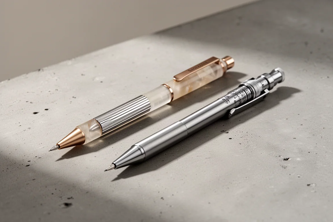 Dynkele mechaniczne Faber-Castell TK-Fine Vario L i Pentel GraphGear na betonowym biurku
