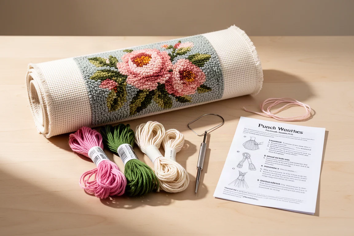 Un kit de punch needle desempaquetado con ovillos de lana, lienzo y herramientas dispuestas sobre una mesa