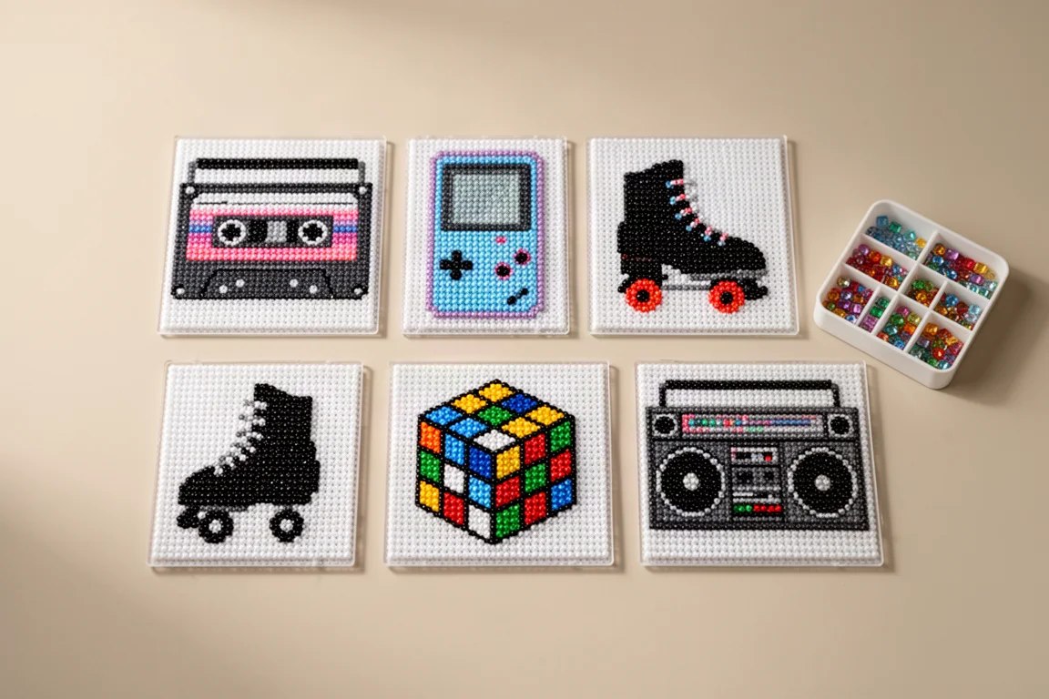Pequeños diseños de pintura de diamantes de temática retro dispuestos sobre un escritorio