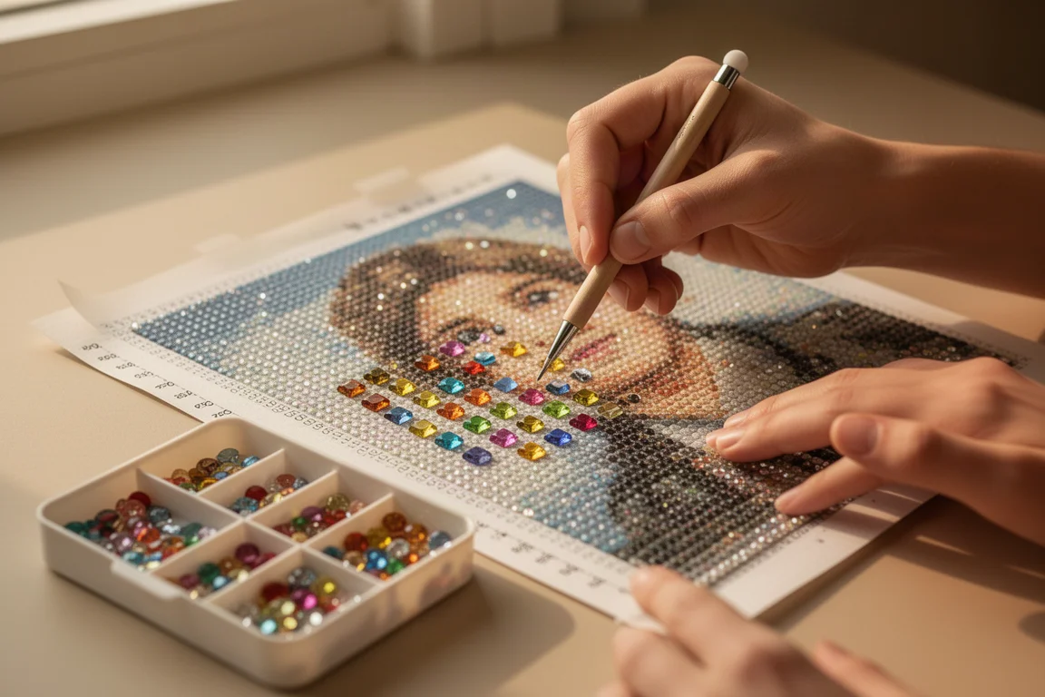 Manos colocando pequeñas gemas brillantes sobre un lienzo adhesivo de pintura de diamantes con un punzón