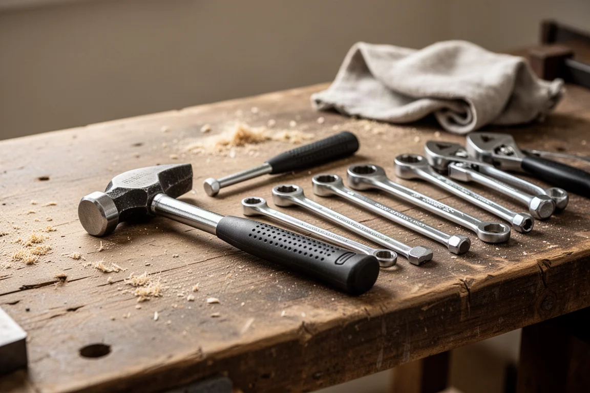 Workbench surface with a small hammer laid flat next to wrenches in soft daylight