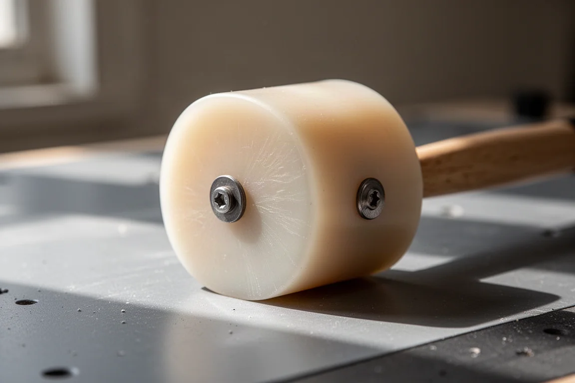 Close-up of a mallet head with a soft plastic face resting on a workbench