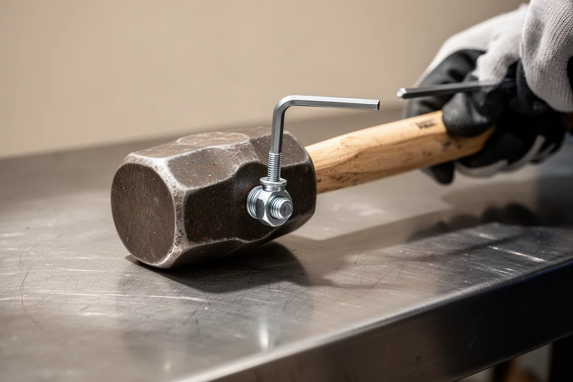 Person adjusting a mallet head with a hex key on a clean work surface