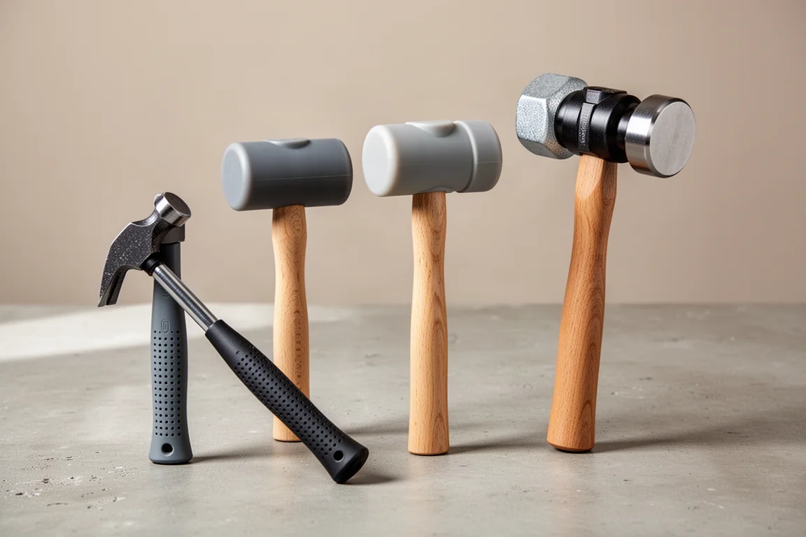 Three hammers and mallets arranged in a row on a concrete surface