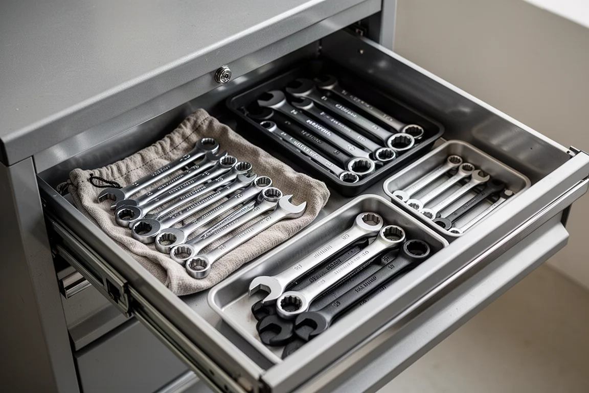 Tiroir d'outils ouvert avec des jeux de clés de différentes marques
